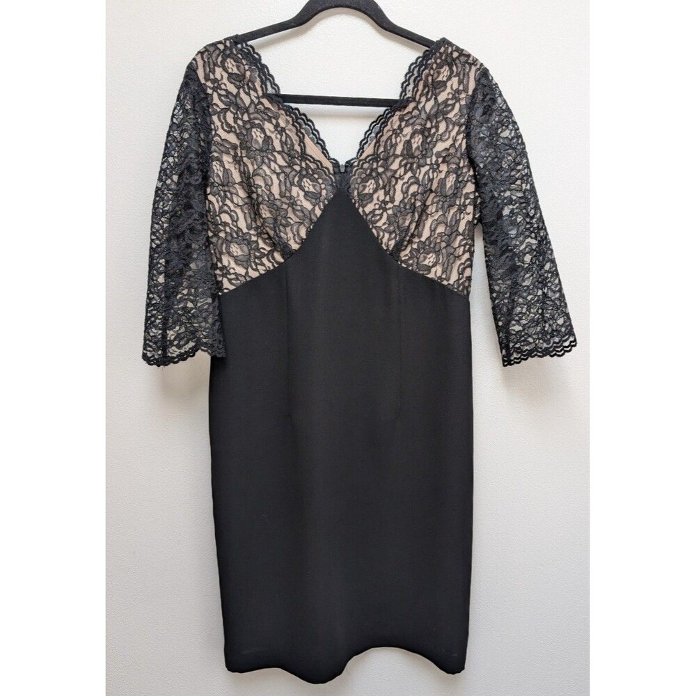Adrianna Papel Dress Sz 14 Black V Neck Lace Trim Sheath 3/4 Sleeve Lined
